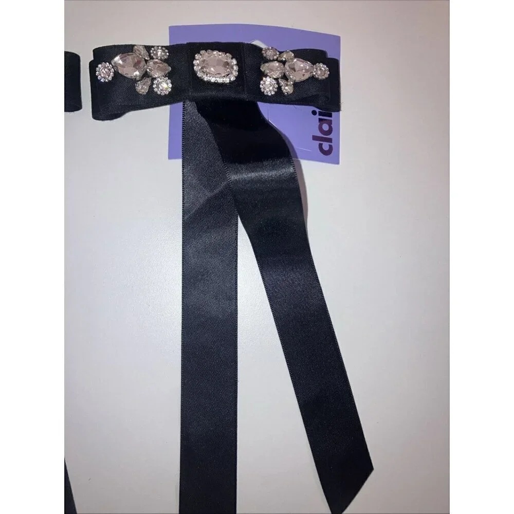 Icing 2 Piece Black Rhinestone Studded Satin Long Tail Hair Bow Clip
